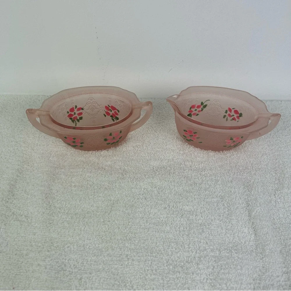 VTG Embossed Hand Painted Flower Pink Satin Glass Creamer Sugar Set of 2